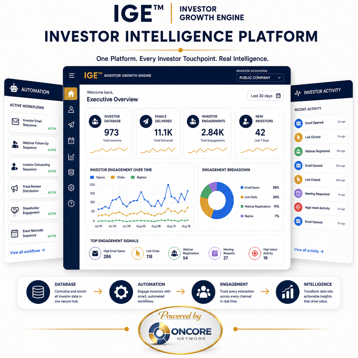 IGE Investor Intelligence Platform showing the Executive Overview dashboard, automation workflows, investor activity, engagement analytics, and the Database to Intelligence workflow