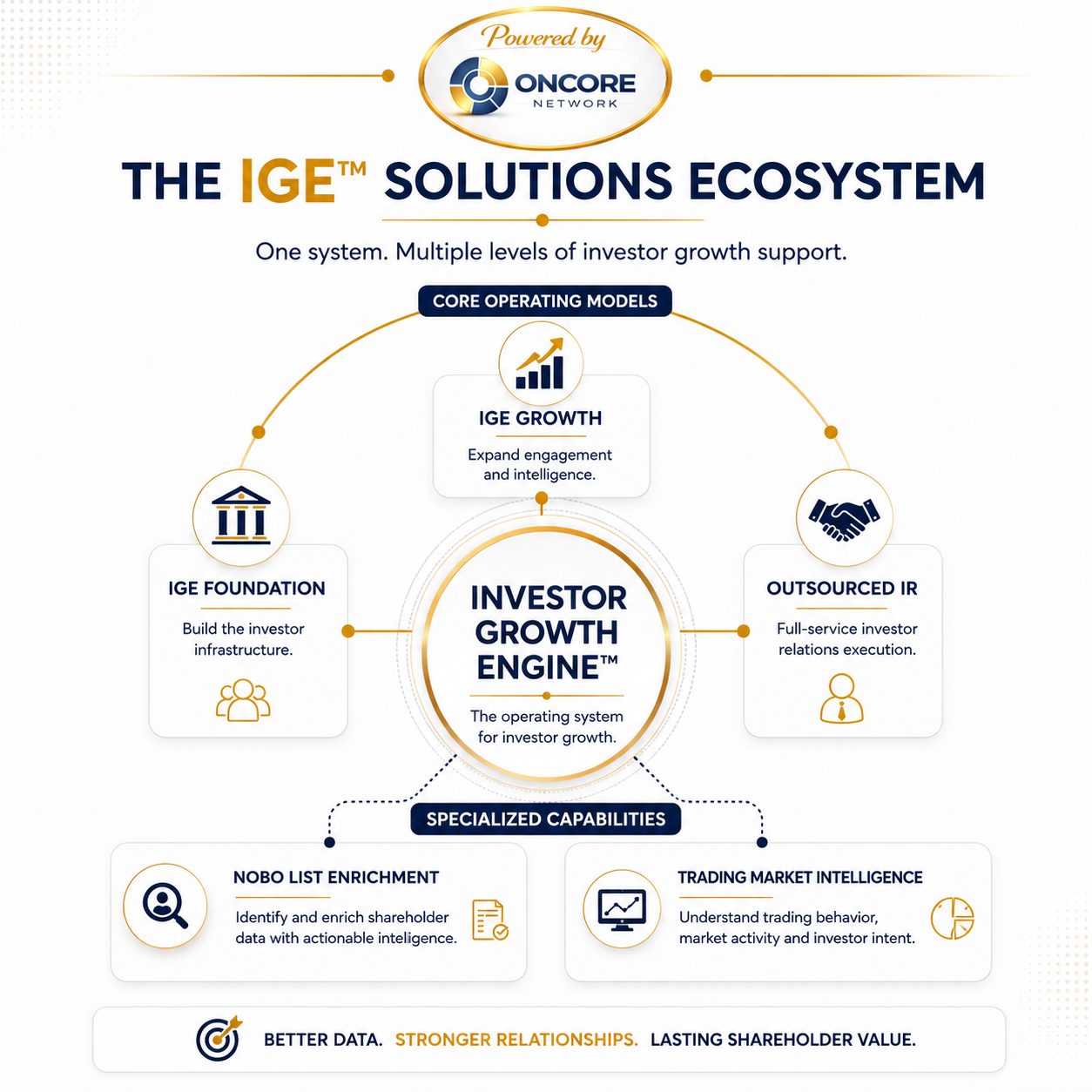 The IGE Solutions Ecosystem, showing core operating models and specialized capabilities centered on the Investor Growth Engine
